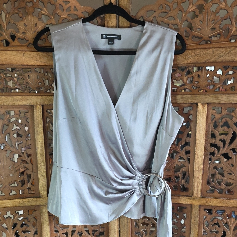 🌟 INC International Concepts Metallic Gray Wrap Blouse Size L